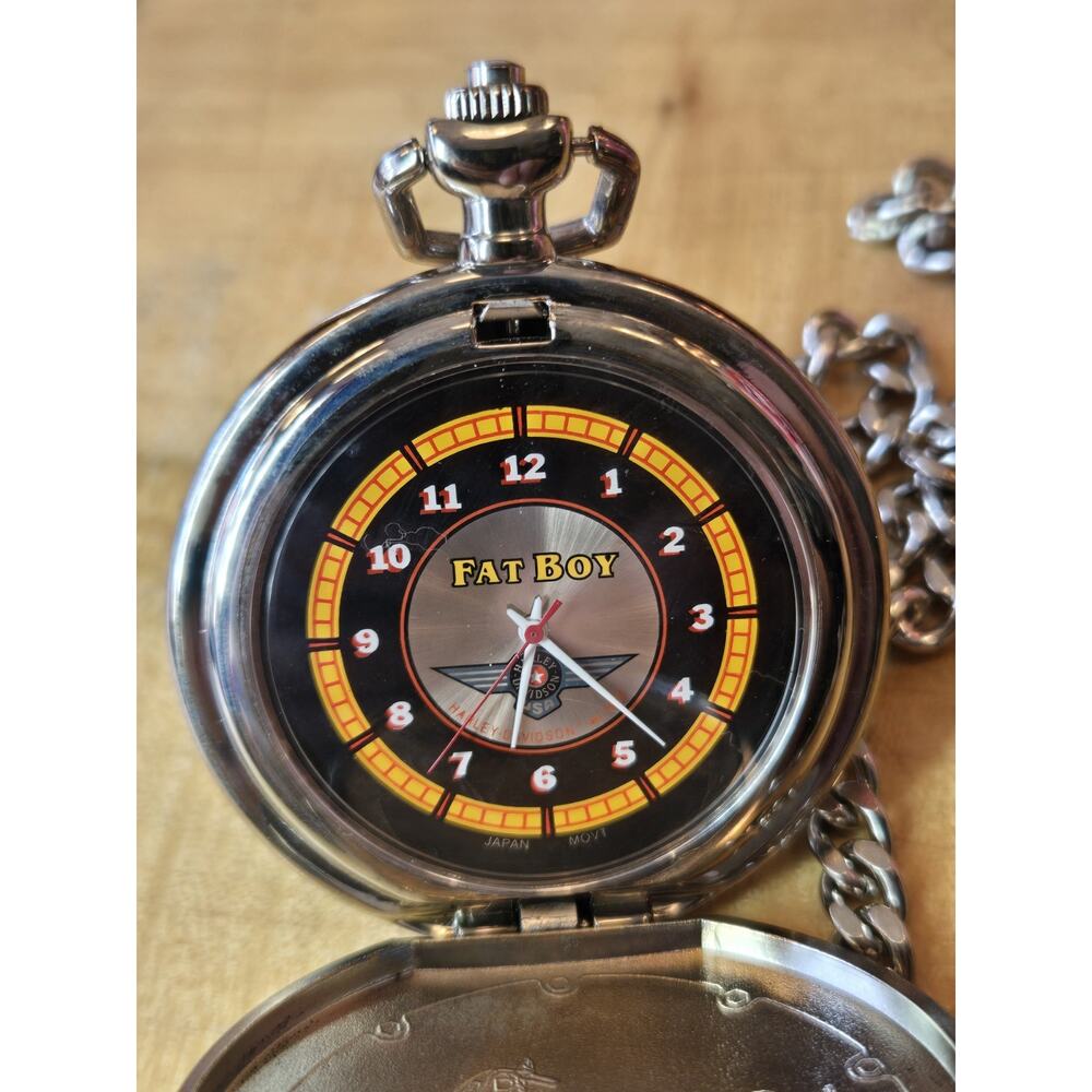 Franklin Mint Harley-Davidson Fat Boy Motorcycle Pocket Watch W/ Chain New Batt.